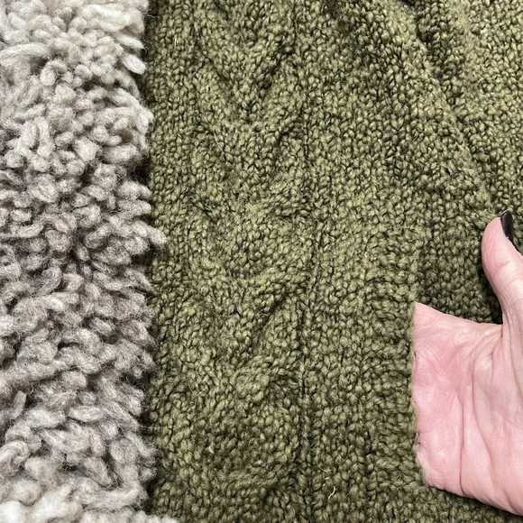 Mitmak Jacket Womens L Green Wool Cable‎ Knit Faux Fur Trim Hooded Indie Boho